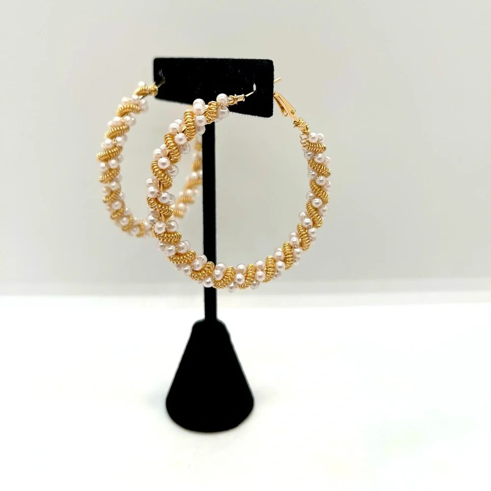 Gold Twisted Pearl Hoop Earrings | Braided Rope Style Elegant